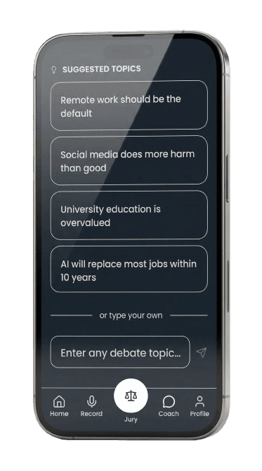 refutor app on a phone: suggested debate topics and navigation