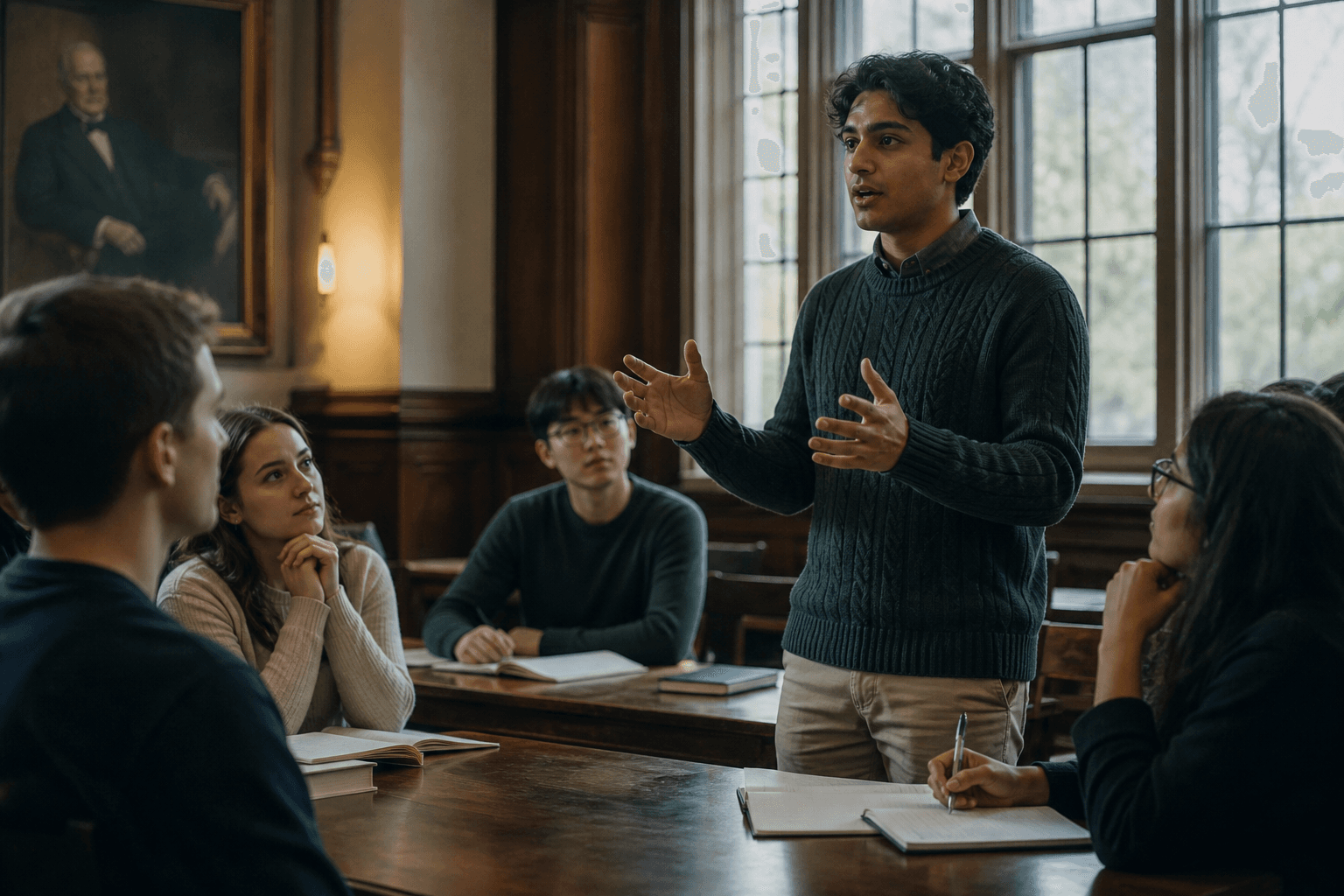 Campus club members practicing argument together in a seminar room