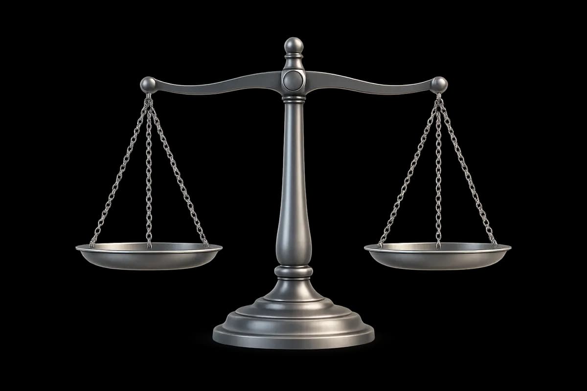 Silver scales of justice perfectly balanced, symbolizing fair weighing of both sides before you record an argument.